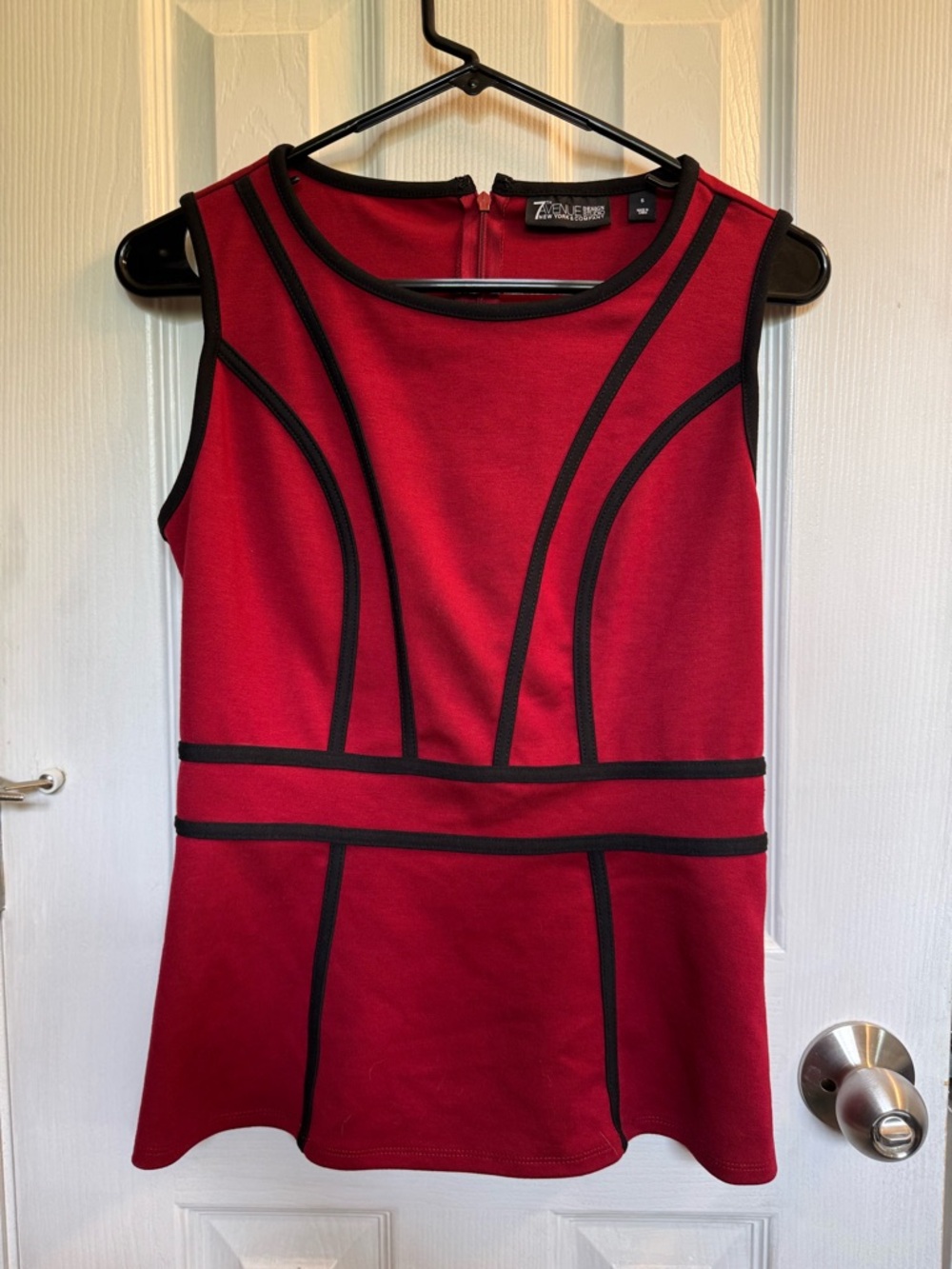 7th Avenue New York & Company Red Sleeveless Peplum Top with Black Piping